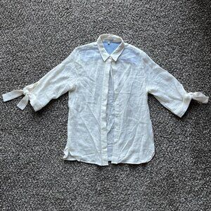 White Cream Linen Shirt with Tie-Cuff Sleeves, Small Laju Button-up Shirt